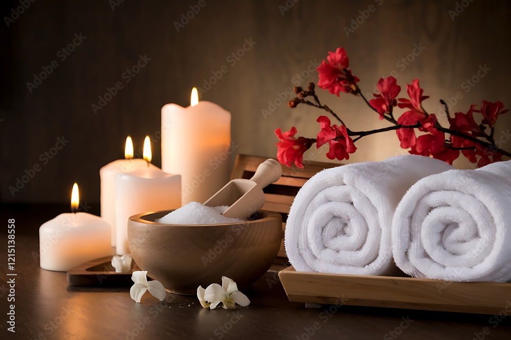Luxury Spa Setting with Candles, Towels, and Red Flowers Luxury Spa Setting with Candles, Towels, and Red Flowers