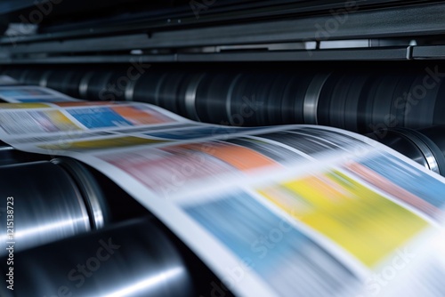 Modern offset printing machine prints colourful newspapers. Paper sheets move quickly through automated printing press. Industry tech produces media products. Manufacturing process efficient, fast.