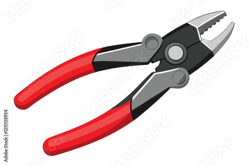 A pair of silver metal pliers with red and black rubber grips isolated on white studio background.