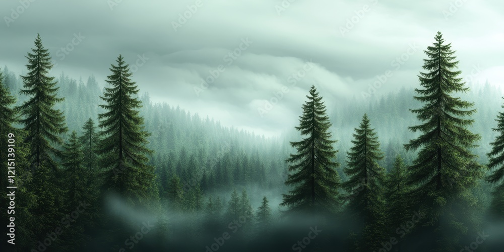 Fototapeta premium Misty pine forest at dawn with layers of fog