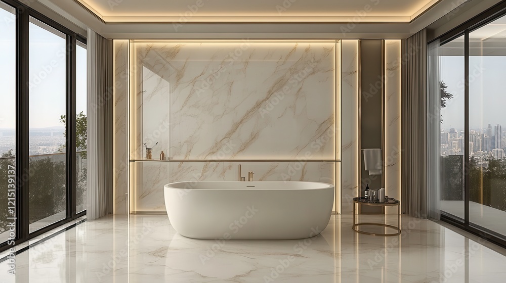 Fototapeta premium Luxurious Modern Bathroom With City View And Freestanding Tub