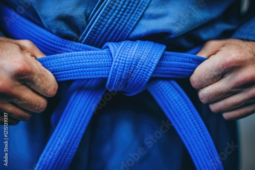 Close-Up of Blue Belt Promotion in Brazilian Jiu-Jitsu: Instructor Attaches Belt to Student in Traditional Gi