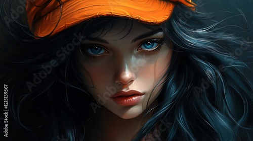 Portrait of a young woman with striking blue eyes and dark hair.