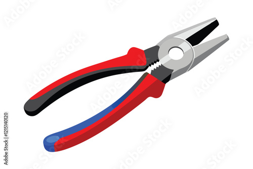 A pair of silver metal pliers with red and black rubber grips isolated on white studio background.