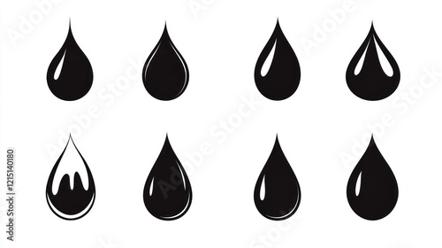 Eight black liquid drop icons; various shapes; white background; website design