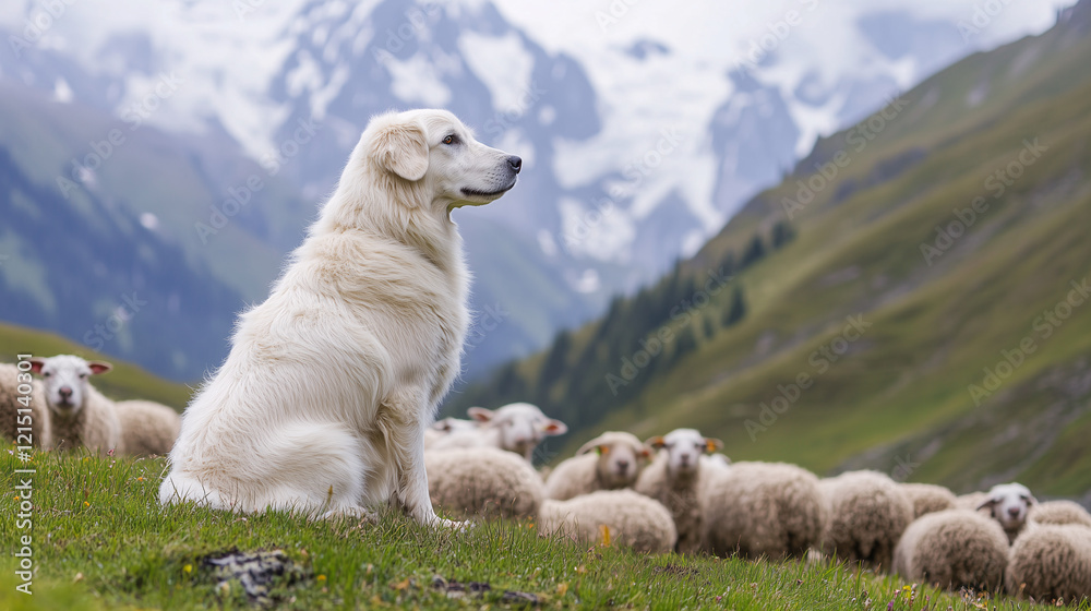 Fototapeta premium Patou Gardant un Troupeau de Moutons dans une Vallée Montagnarde avec Sommets Enneigés
