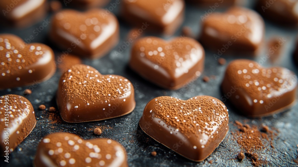 Chocolate hearts, cocoa, dark background, Valentine's Day, confectionery Chocolate hearts, cocoa, dark background, Valentine's Day, confectionery