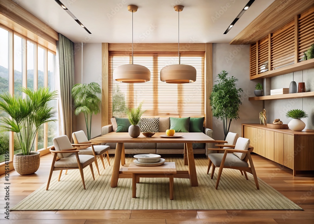 Fototapeta premium Minimalist Japandi Dining Room: Modern Living Space with Empty Copy Space