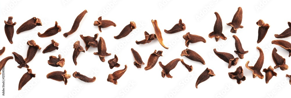 Obraz premium Falling Dried Cloves on a White Backdrop - Aromatic Brown Spices Collection in Close-Up