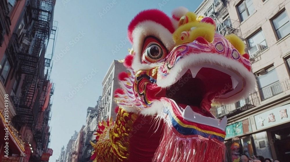Fototapeta premium Vibrant Red Chinese Lion Dance Costume Parade Festive New Year Celebration Street City Urban Background Traditional Asian Culture Happy Holiday Spirit