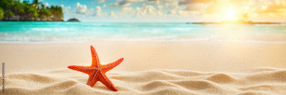 A tropical beach with a starfish on the sand. The sea and the rays of the bright sun are in the background. A banner with a place to copy the text. The concept of summer holidays. A tropical beach with a starfish on the sand. The sea and the rays of the bright sun are in the background. A banner with a place to copy the text. The concept of summer holidays.