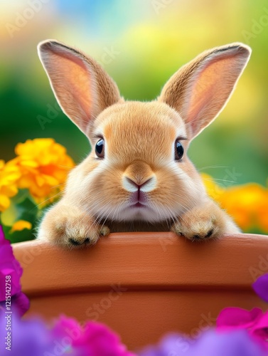 Cute Bunny in Flower Pot - Adorable brown bunny rabbit peeking over the edge of a terracotta flower pot surrounded by colorful blooms. photo