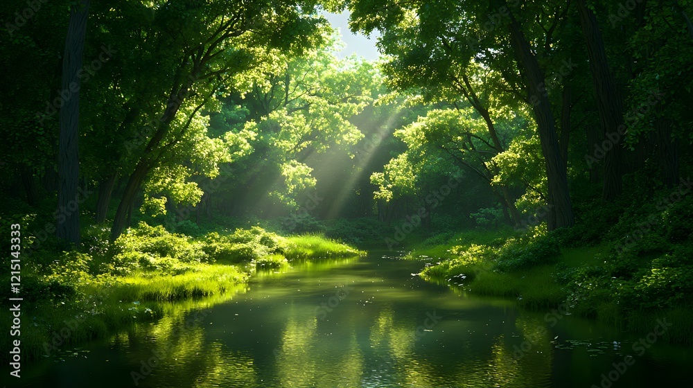 Fototapeta premium Sunlight Filters Through Lush Green Canopy Over Tranquil Stream