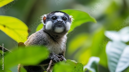 Emperor Tamarin Saguinus imperator phylum Chordata class Mammalia order Primates family Callitrichidae perched high the jungle canopy its distinctive white mustache glowing in greenery photo