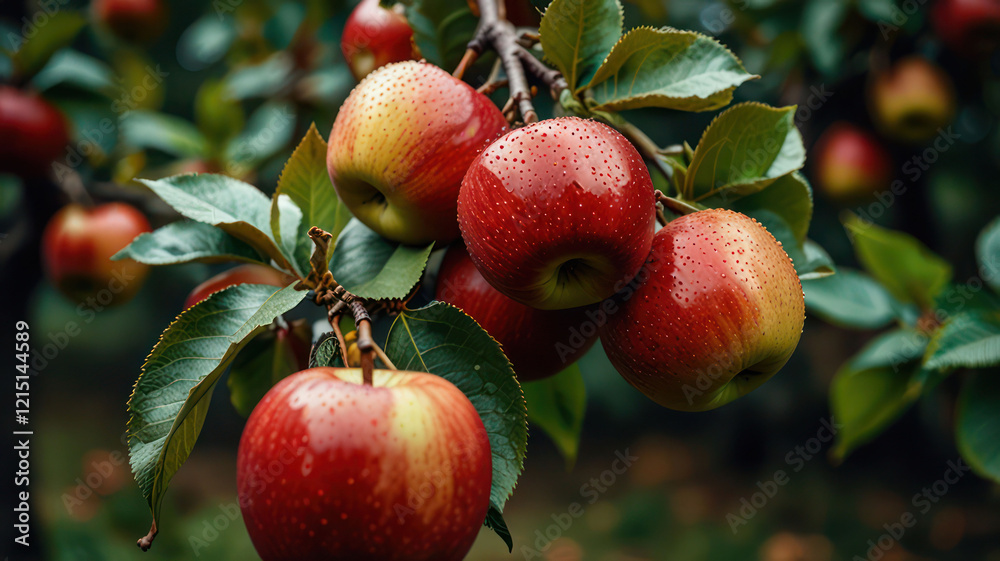 Cluster of ripe, red apples hanging from a tree branch Cluster of ripe, red apples hanging from a tree branch