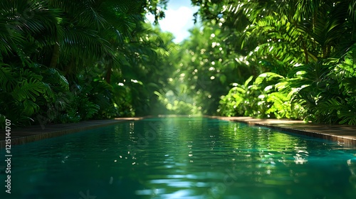 Serene Tropical Waterway Surrounded by Lush Green Foliage