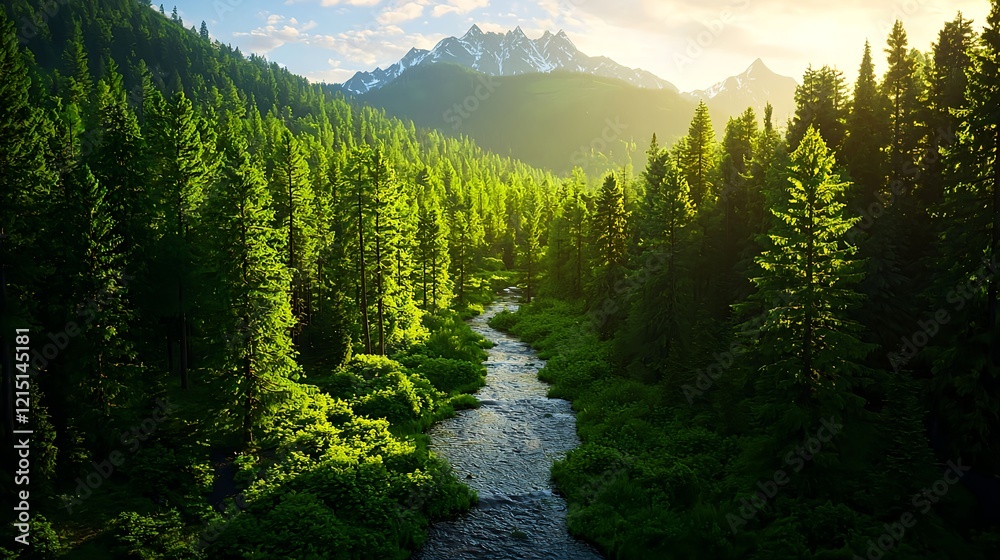 Obraz premium Serene Mountain Landscape with Lush Forest and Flowing River