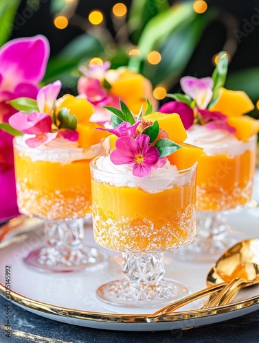 Dazzling Vegan Mango Mousse Dessert Cups - Indulgent vegan mango mousse, layered in elegant dessert cups, garnished with fresh flowers.  A delightful, refreshing, and beautiful summer treat.  Perfect  photo