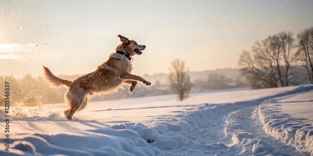 Joyful Dog Playing in Snowy Wonderland: Long Exposure Winter Photo Joyful Dog Playing in Snowy Wonderland: Long Exposure Winter Photo