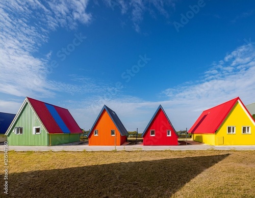 brightly painted triangular roofed houses stand out under a clear blue sky forming a vivid modern landscape photo