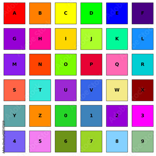 square tiles with letters of the alphabet and numbers from 0 to 9 inside suitable for school and educational concept photo