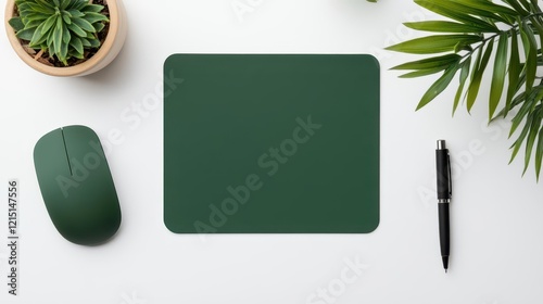 Abstract workspace flat lay with a green mousepad, pen, and tech accessories on a white desk photo