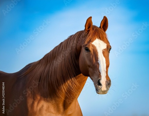 a beautiful chestnut horse with a white blaze and expressive eyes stands proudly against a bright blue sky exuding strength and grace photo