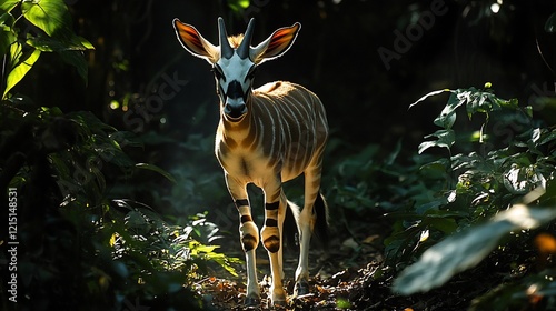 Okapi Okapia johnstoni phylum Chordata class Mammalia order Artiodactyla family Giraffidae emerging jungle shadows its striped legs glowing under scattered sunlight photo