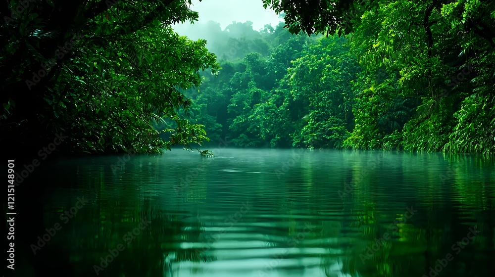 Tranquil Jungle Scene with Lush Green Trees and Calm Water Surface Tranquil Jungle Scene with Lush Green Trees and Calm Water Surface