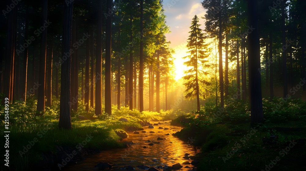 Fototapeta premium Serene Forest Landscape at Sunrise with Stream and Sunlight Rays