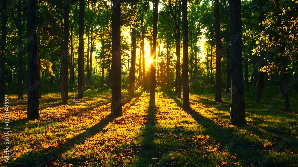 Obraz premium Golden Sunlight Filtering Through Tall Trees in Lush Green Forest