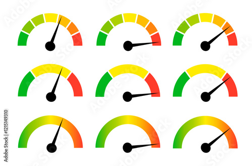 Speedometer gauge meter icons. Vector scale, level of performance. Speed indicator .Infographic of risk, gauge, score progress