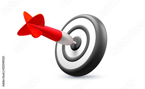 Vector realistic illustration of business goal accurate target with arrow isolated on white background. 3d cartoon style design of dart target icon with red arrow. Success finance strategy