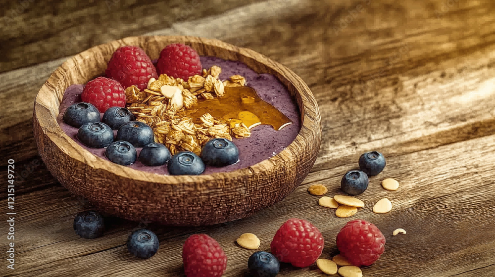 Berry smoothie bowl with granola, blueberries, raspberries, and honey in wooden bowl Berry smoothie bowl with granola, blueberries, raspberries, and honey in wooden bowl