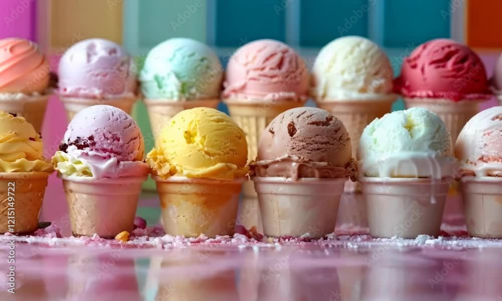 Various ice cream flavors for National Ice Cream Month, August, hot summer day, ice cream parlor, sweet treats