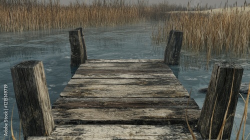 Wallpaper Mural Rustic wooden dock on frozen lake, reeds background, winter scene Torontodigital.ca