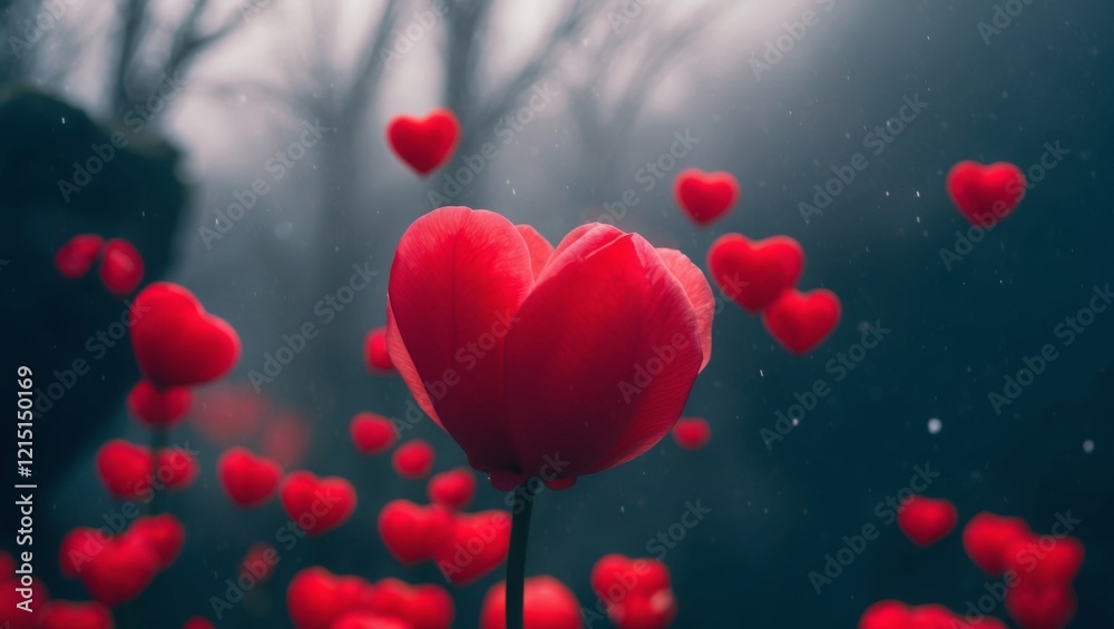 Postcard for Valentine's Day. Hearts and red flowers. Postcard for Valentine's Day. Hearts and red flowers.