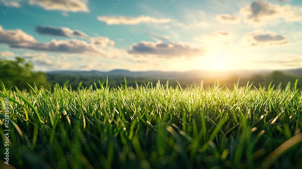 Fototapeta premium Sunlit Grass Field with Soft Cloudy Sky at Dusk or Dawn