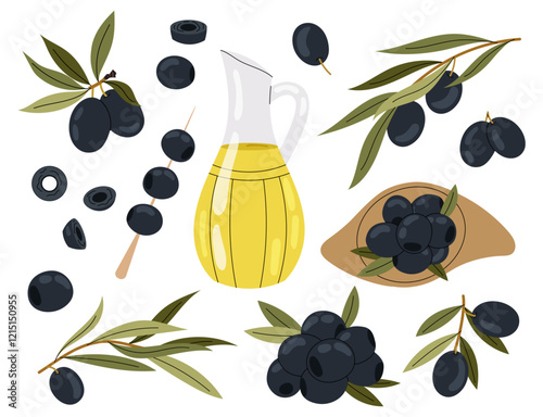 Set black olive, branch and bottle oil. Olive berries and tree branches with leaves isolated on white background.