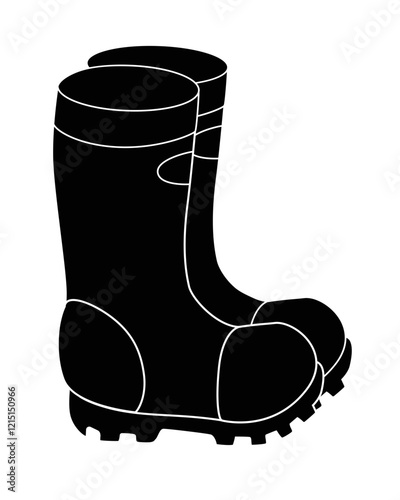 Silhouette of rubber boots. Garden rubber boots - vector black silhouette for logo or pictogram. Badge or icon Rain boots. Gardening.	