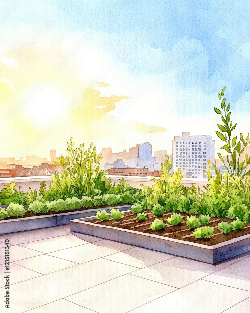 Rooftop garden with lush greenery and city skyline at sunset, showcasing nature beauty and urban life Rooftop garden with lush greenery and city skyline at sunset, showcasing nature beauty and urban life