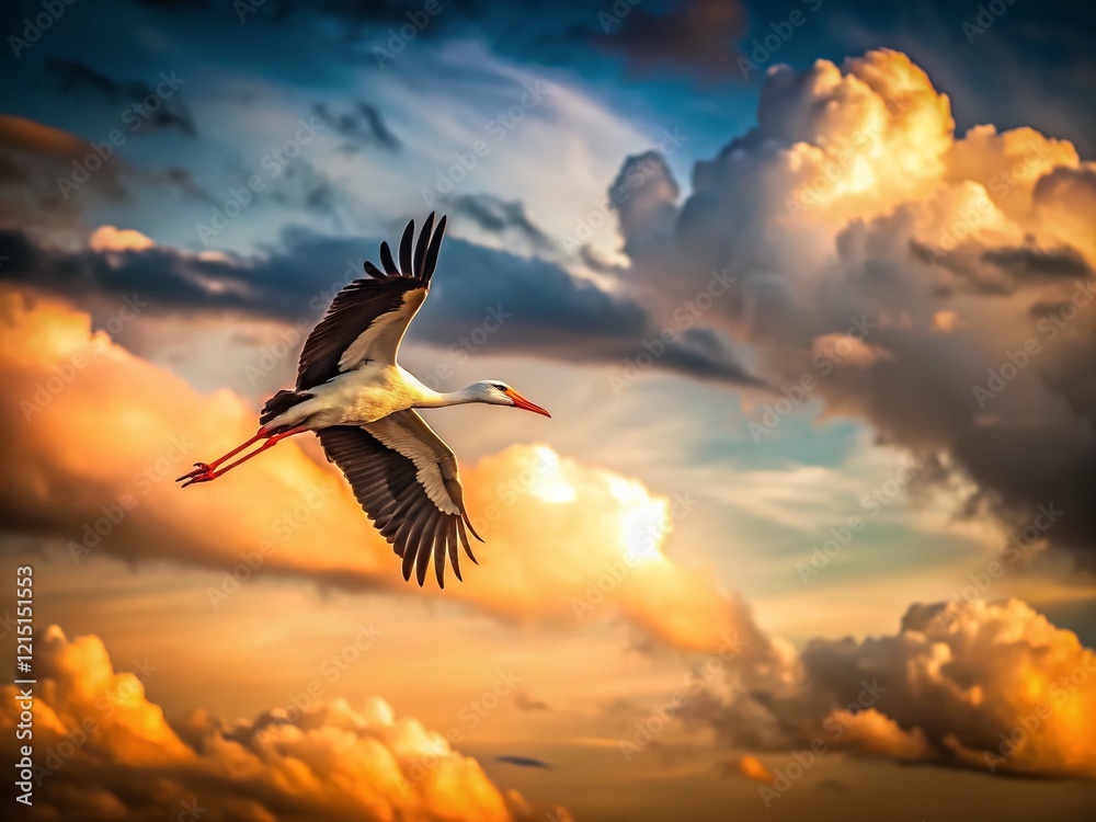 Fototapeta premium Minimalist Stork Soaring: Sky, Clouds, Bird, Nature, Wildlife Photography