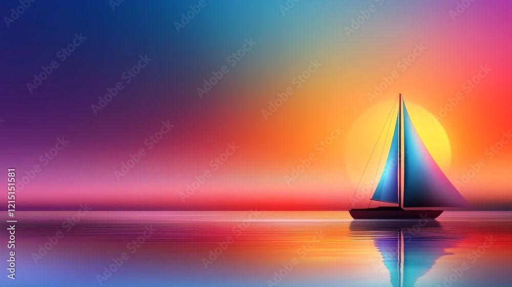 Φωτογραφία A single sailboat glides peacefully across a vibrant ocean at sunset, its reflection mirroring the fiery hues of the sky