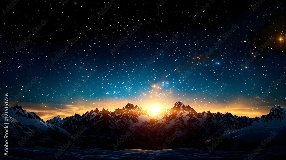 Majestic Sunrise Over Snowy Mountains Under Starry Sky Majestic Sunrise Over Snowy Mountains Under Starry Sky
