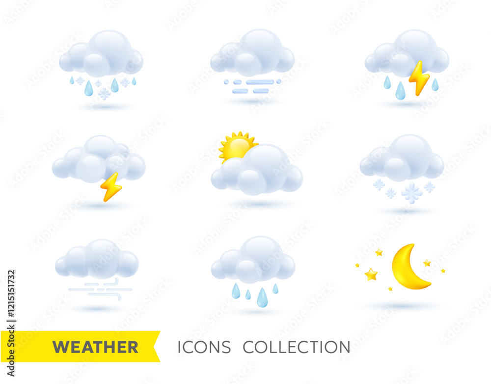 Vector illustration of different weather icon set of sun, cloud, moon, rain drop, snow, rainy thunder. 3d cartoon style forecast weather design of sun, half moon, rain, thunder and snow cloud