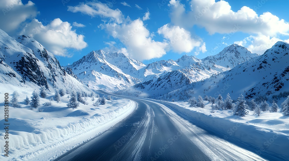 Scenic Winter Road Through Snowy Mountains Under Blue Sky Scenic Winter Road Through Snowy Mountains Under Blue Sky