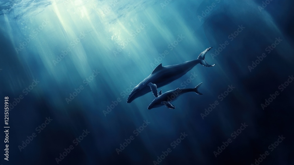 Obraz premium A dreamy artistic rendering of a humpback whale and its calf swimming gracefully in the ocean depths