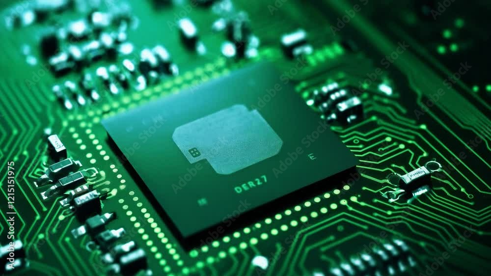 Modern microchip on green circuit board Modern microchip on green circuit board