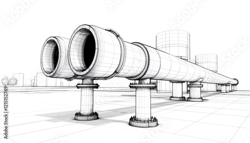 A sketch of large industrial pipes supported by pillars, set against a minimalist cityscape background.