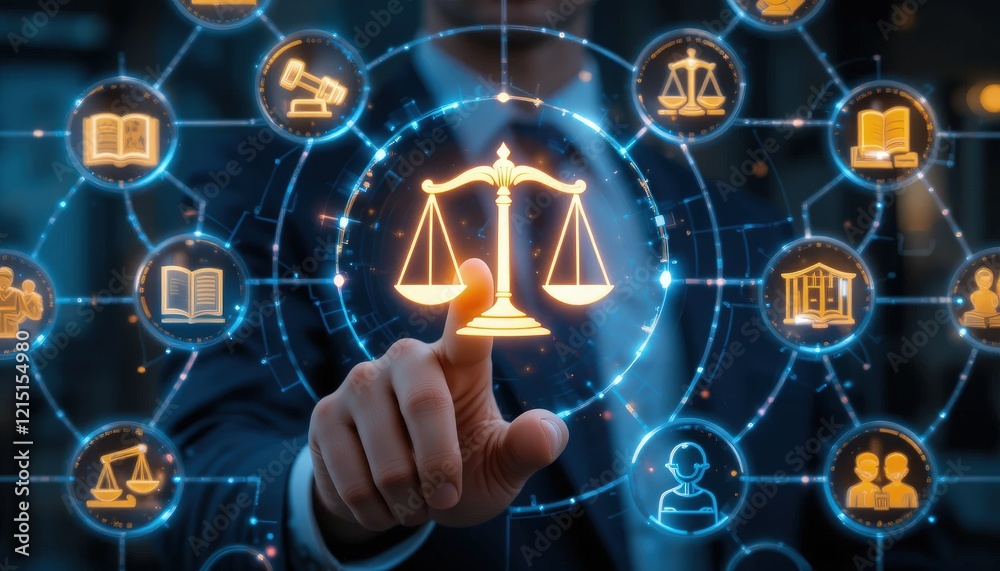 Legal Professional with Justice Icons. A suited legal professional touches virtual icons symbolizing law, justice, and legal services. business legislation, Notary public, legal advice online, Lawyer Legal Professional with Justice Icons. A suited legal professional touches virtual icons symbolizing law, justice, and legal services. business legislation, Notary public, legal advice online, Lawyer